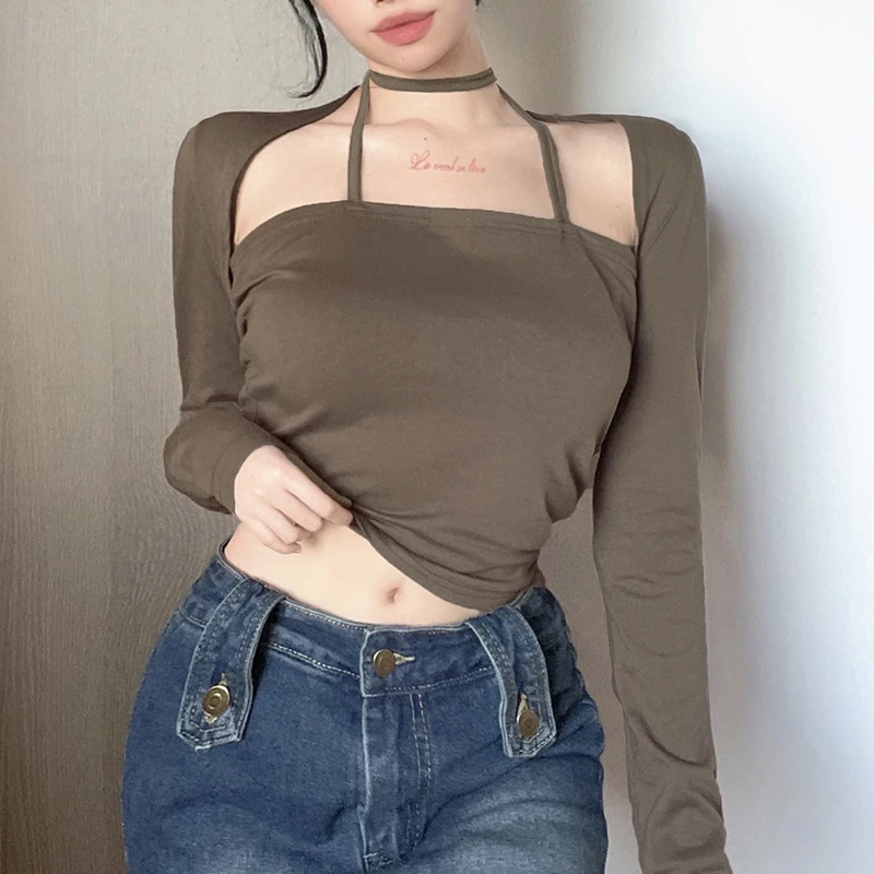 

Укороченный женский топ из двух предметов Waatfaak с лямкой на шее, с вырезами, в стиле пэчворк, коричневый винтажный уличный модный топ в стиле ...