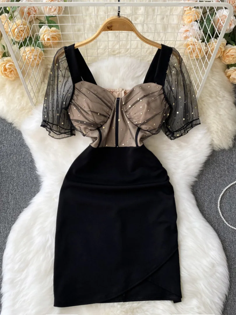 

Соблазнительное облегающее мини-платье для ночного клуба, прозрачное Сетчатое лоскутное мини-платье с коротким рукавом, V-образным вырезом,...