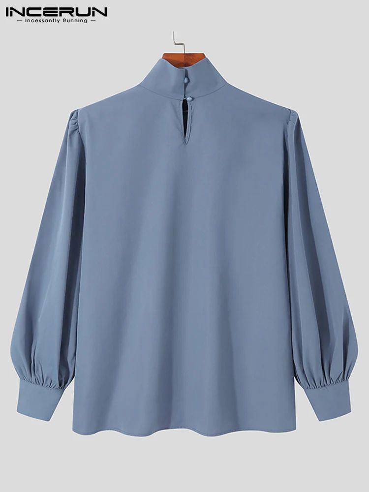 Stylish New Men Baggy Puff Sleeve Long Sleeved Shirts Handsome Well Fitting Solid Loose High Neck Blouse S-5XL INCERUN Tops 2022