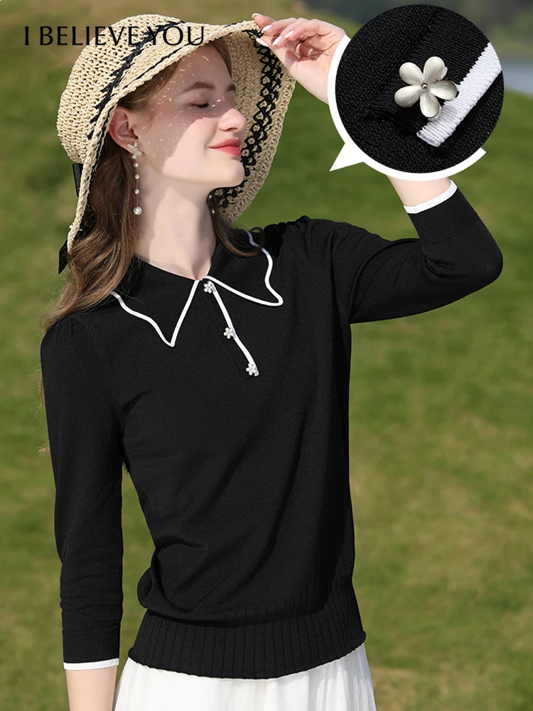 

I BELIEVE YOU French Women's Sweater 2023 Spring Half Sleeves Tops Chic Clothes for Women Pullover Knitwear Sweaters 2231144865