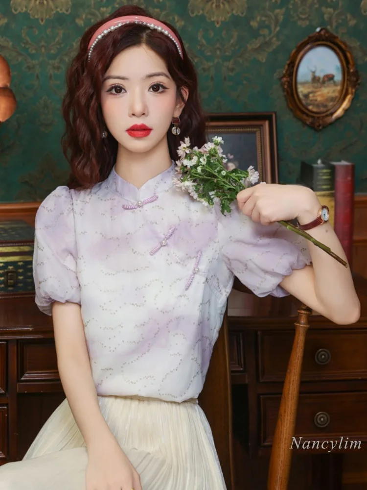 Новая шифоновая рубашка в китайском стиле с пуговицами-лягушками и коротким