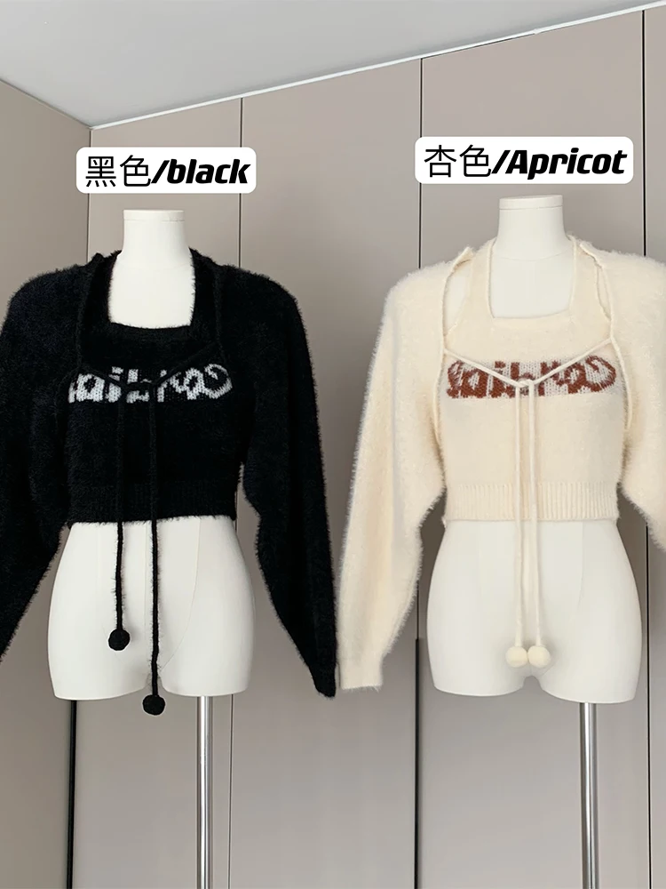 

Осенне-зимний женский вязаный плюшевый мешковатый короткий свитер с длинным рукавом на завязках + узкий жилет без рукавов с винтажным принт...