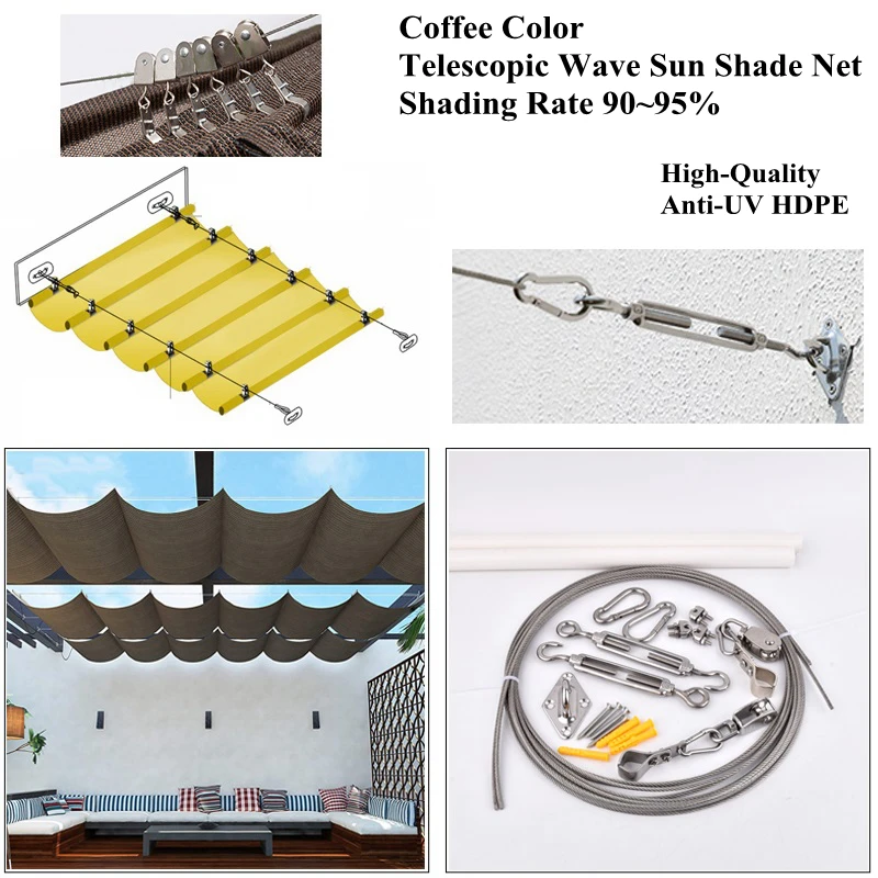 Coffee Color Telescopic Wave Sunshade Net Courtyard Sun Shading Sail Outdoor Awning Swimming Pool Cover Home Garden Sun Canopy