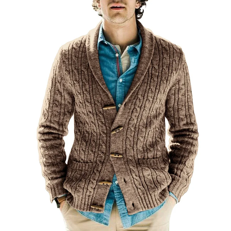 

Vintage Button V Neck Knitted Sweater Jacket Men Winter Casual Solid Long Sleeve Knit Cardigan Tops Mens Autumn Fashion Sweaters