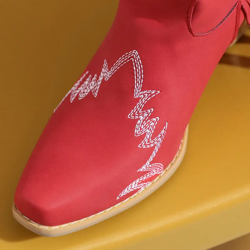 Western Boots Women Cowgirl Ankle Leather Black Red Rose Red Short Booties Fringe Decorate Embroidery Autumn Winter Warm Shoes