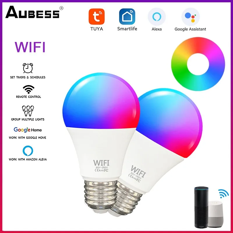 

Tuya WIFI Smart Bulb E27 B22 Smart LED Light Lamp 15W RGB Remote Dimmable Voice Control Work With Alexa Google Home Assistant