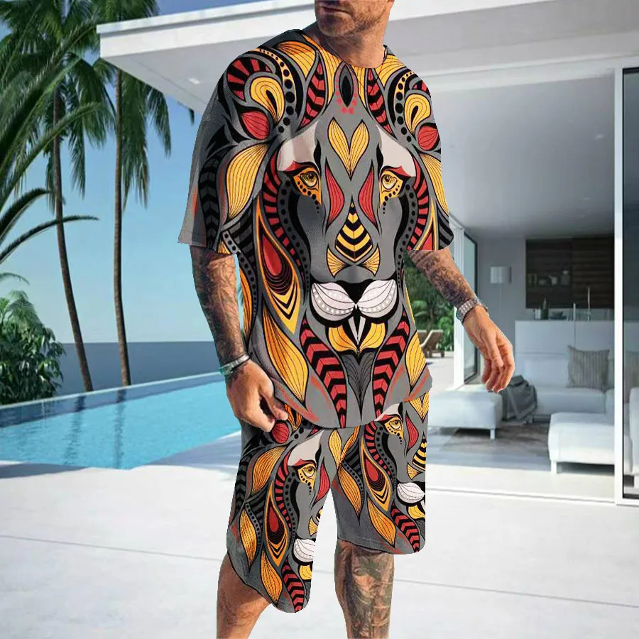 

Костюм мужской летний большого размера с круглым вырезом и множеством карманов, с цветными полосками и цветами животных, шорты с цифровым п...