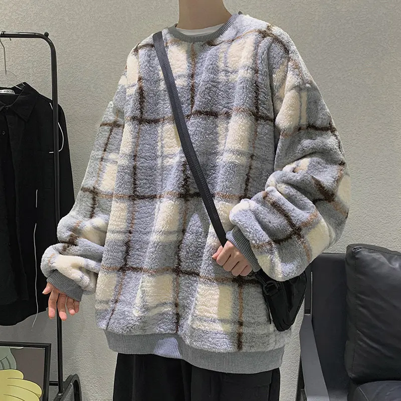 

Autumn Plaid Hoodie Men's Warm Casual Fashion Korean Sweatshirt Men Harajuku Streetwear Pullover Hoodies Mens