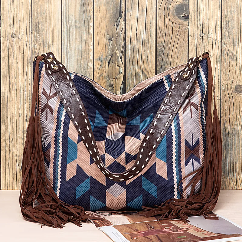 Summer Women's Boho Hand-Woven Print Stitching Vintage Canvas Adjustable One Shoulder Cross-Body Tote Bag