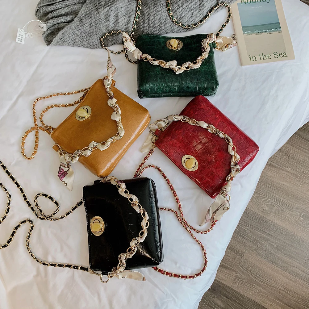 

Stone Pattern PU Leather Messenger Bags Silk Scarf Chain Shoulder Crossbody Messenger Female Handbags