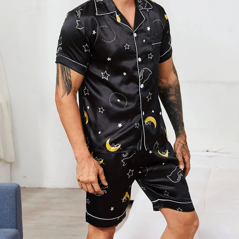 Men's Loungewear Lapel  Print Satin PJ Set Pajamas Set Home Sleepwear Two Piece Set Women's Loungewear Plus Size 2022 New