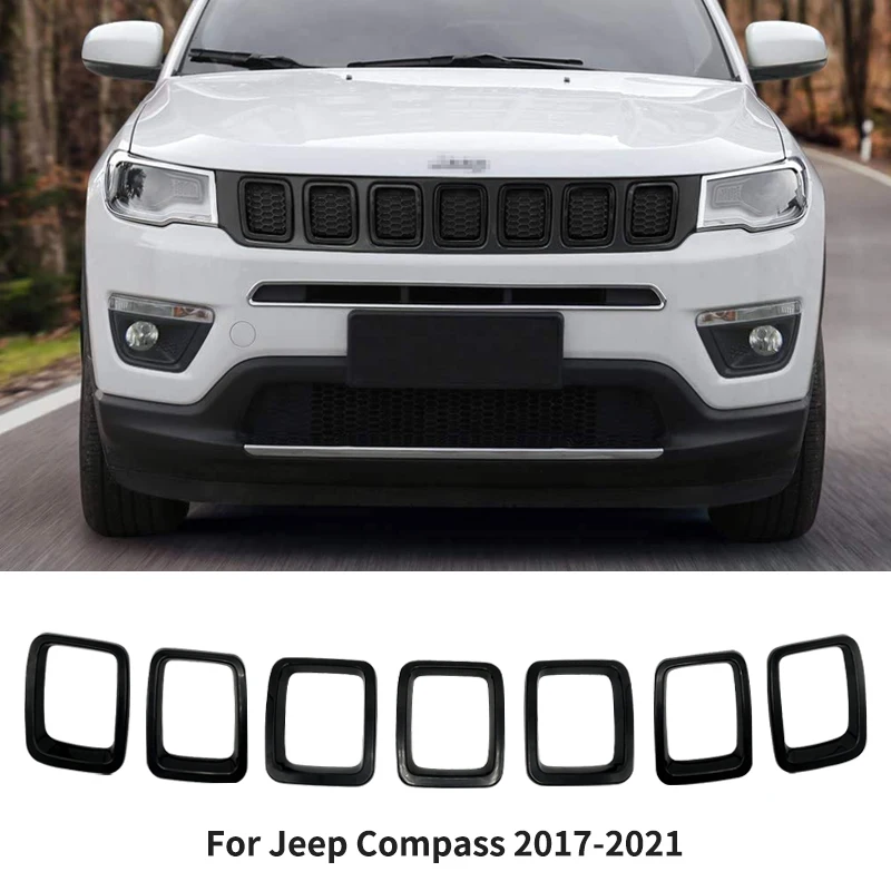 Автомобильный аксессуар, передняя крышка решетки радиатора, кольцевые вставки для решетки рамы, комплект планок, подходит для Jeep Compass 2017-2021, пластиковая вентиляция