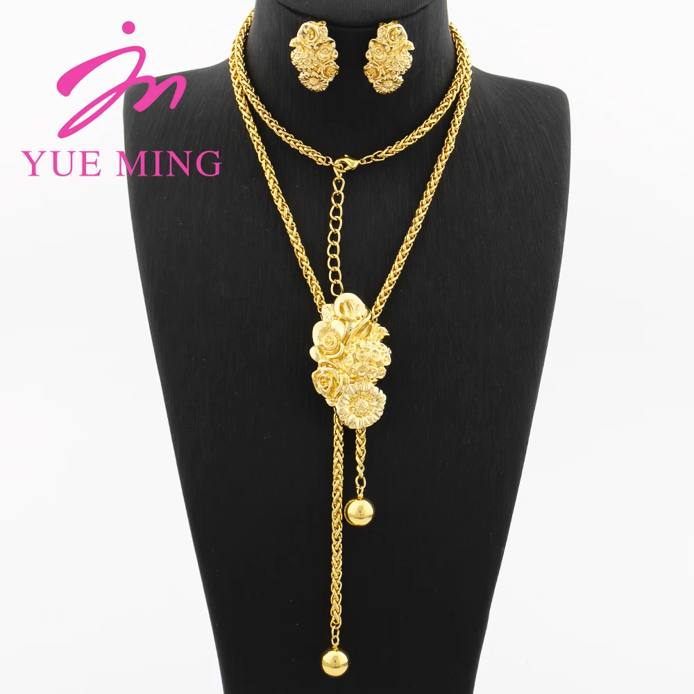 

Gold Plated Long Chain Fashion Flower Pendant Adjustable Necklace Copper Earrings For Women Geometric Vintage Jewelry Accessory
