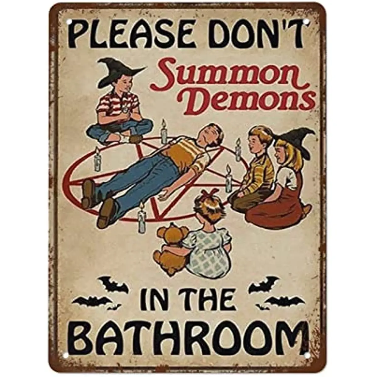 

Please Don't Summon Demons in The Bathroom Poster Wrapped Bathroom Decor Halloween Vintage metal Tin Sign Retro Wall Decor