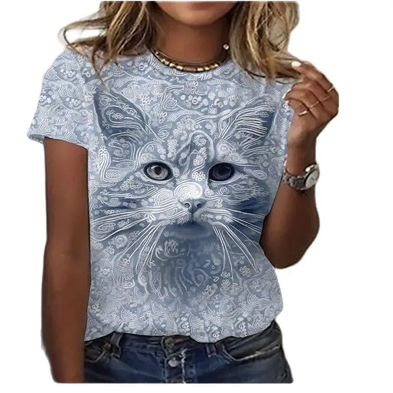 

Women's 3d Cat Painting T-shirt, Cat Illustration, 3d Print, Round Neck, Basic, Retro, Top, Regular Version