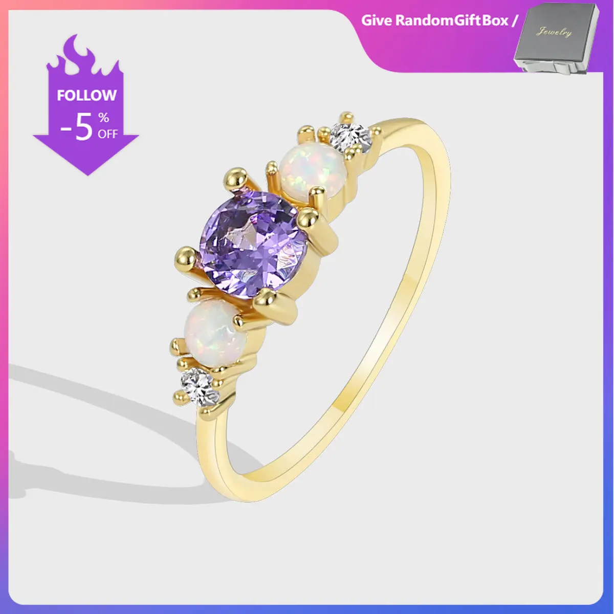 14K Gold Color Opal Rings for Women Jewelry Design Fashion Color Purple Diamond Zircon Ring Female Ins Wind Color Treasure