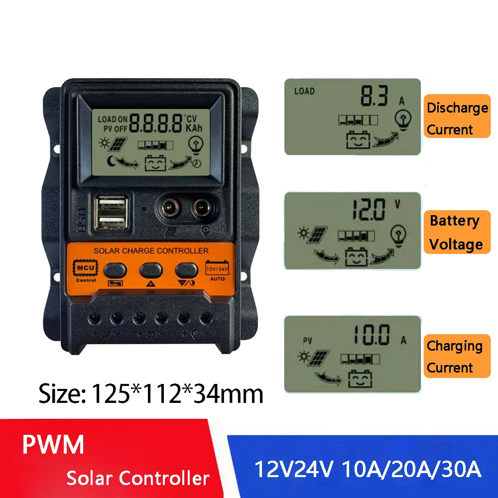 

PWM Controllers Solar Charge Controller 12V 24V Auto 30A 20A 10A Solar Panel Battery Controller Regulator Dual USB LCD Display
