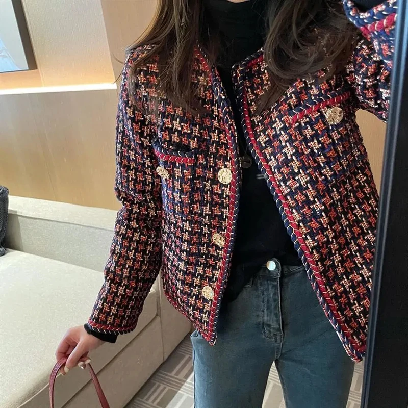 

Elegant Plaid Women Blazer Pocket Plus Velvet Winter Causal Tweed Coat Office Ladies Suit Jacket