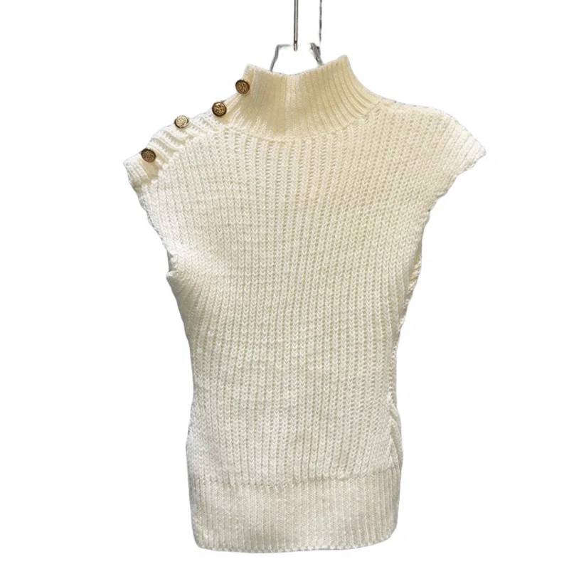 DEAT Нишевый вязаный жилет с металлической пряжкой и полувысоким воротником для