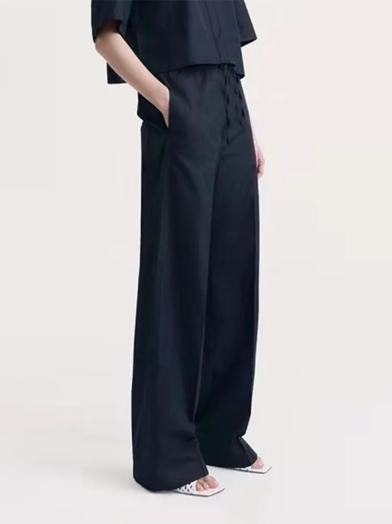 2023 Summer New Women High Waist Drawstring Casual Pants Navy Blue Cotton Ladies Straight Loose Wide Leg Trousers