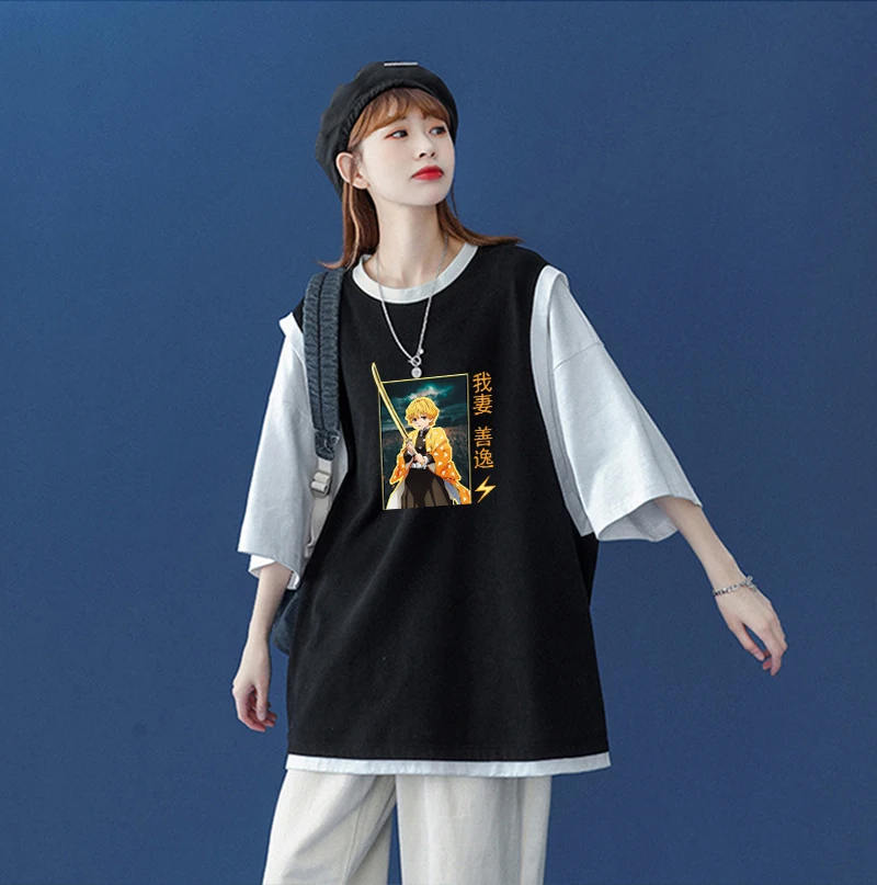 

Anime Agatsuma Zenitsu Demon Slayer Short Sleeve T-shirts Harajuku Manga Summer Fashion Casual Women Fake Two Pieces T Shirt