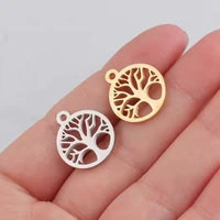 10pcslot 1517 8mm mirror stainless steel round hollow tree of life charm pendant diy jewelry accessories