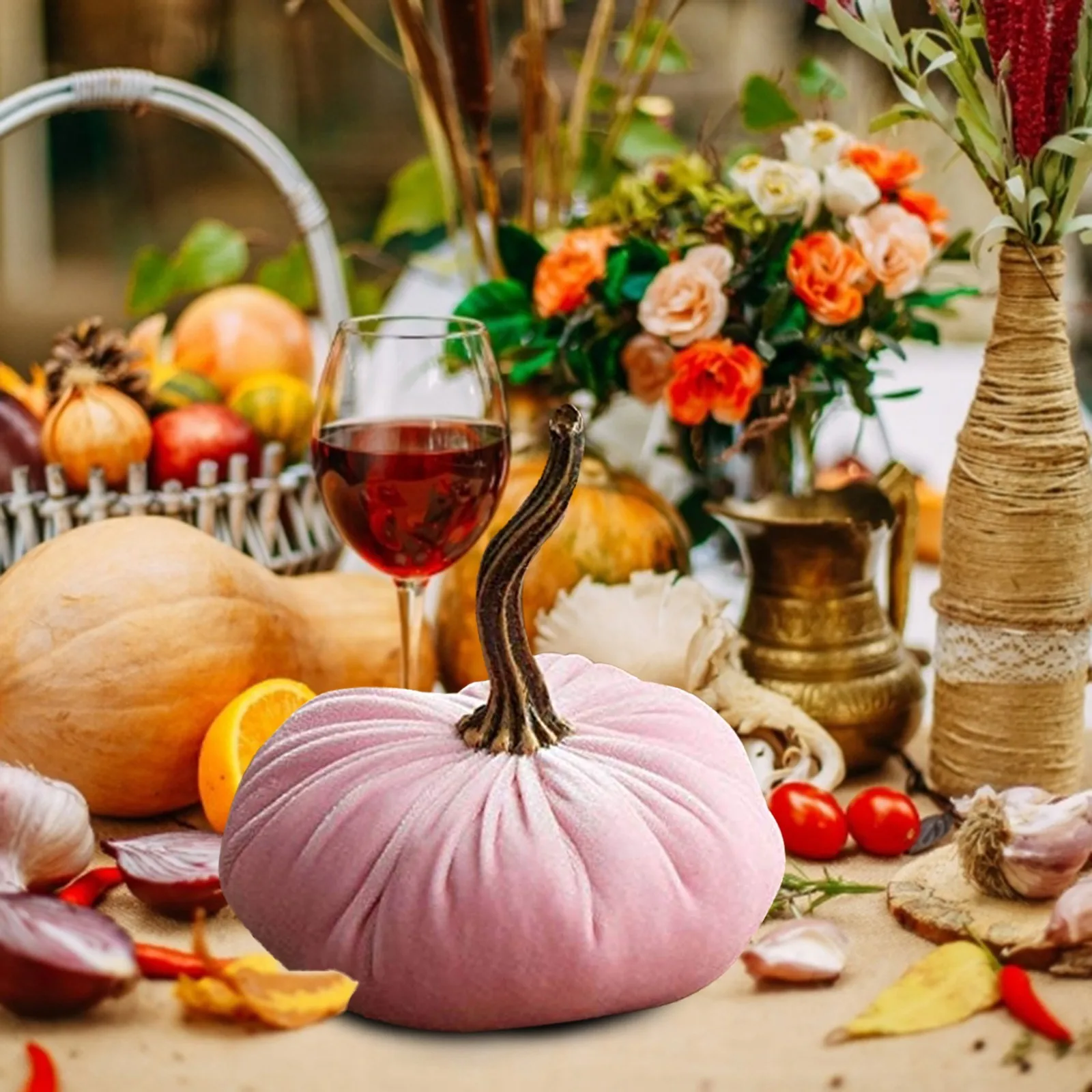 

Multiple Colors Handmade Velvet Pumpkin Decorative Ornament Soft Filled Foam Pumpkin Cute Desktop Ornament