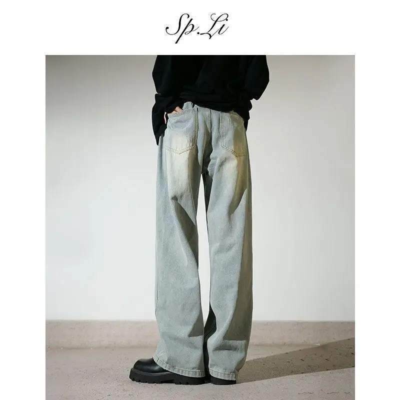 Spli [Три иглы Кошачья лапа Destroy Blue Cow] Мужские осенние свободные прямые широкие