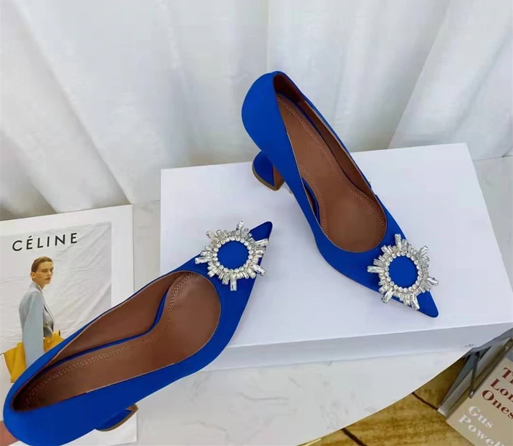 Black Pointed Toe Rhinestone High Heels Stiletto 2022 Spring and Autumn New Satin Single Shoes Medium Heel Women's Shoes