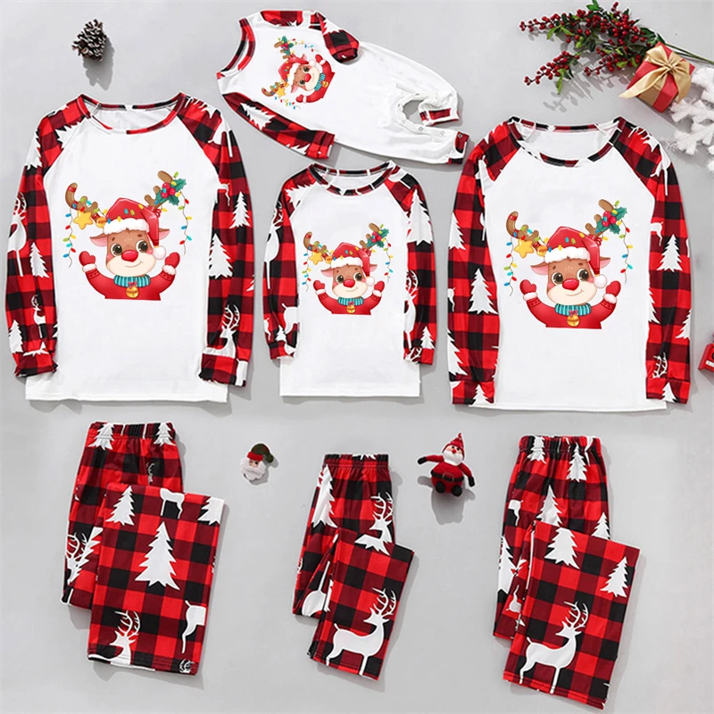 

Cute Deer Christmas Family Matching Outfits Plaid Father Mother Kids Baby Pajamas Sets Mommy and Me Xmas Pj's Clothes Tops+Pants