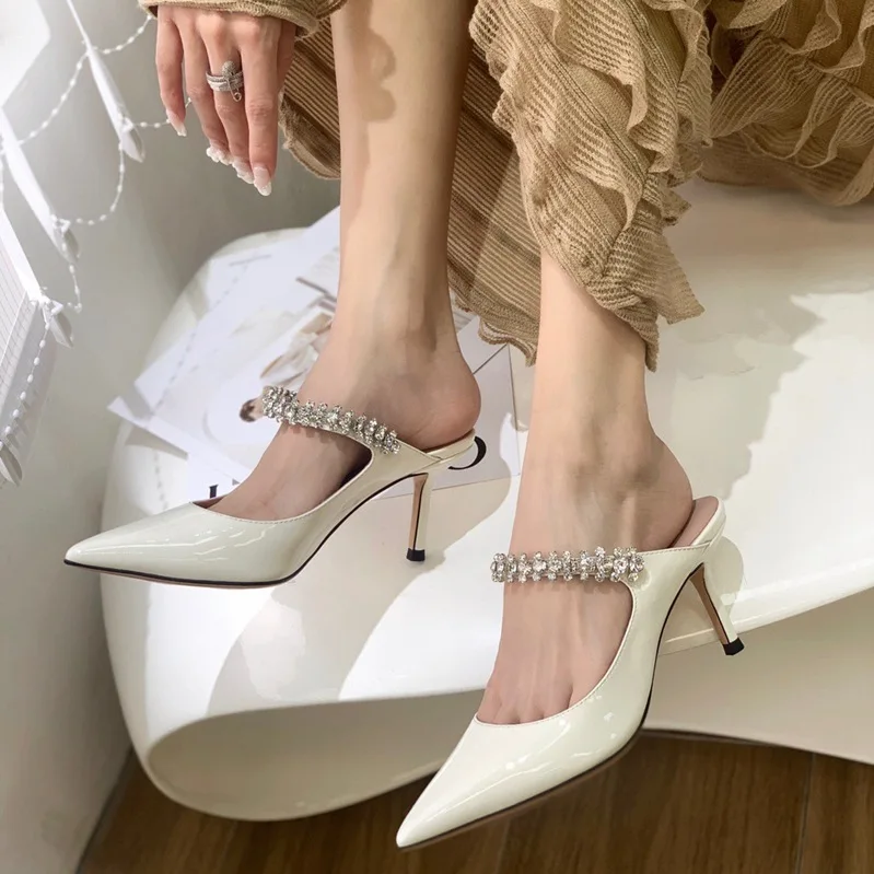 

2022 Sexy Women's Half-slip Mules Shoes Soft Patent Leather Diamond Decoration Comfortable Sandals Fashion High Heels Slippers