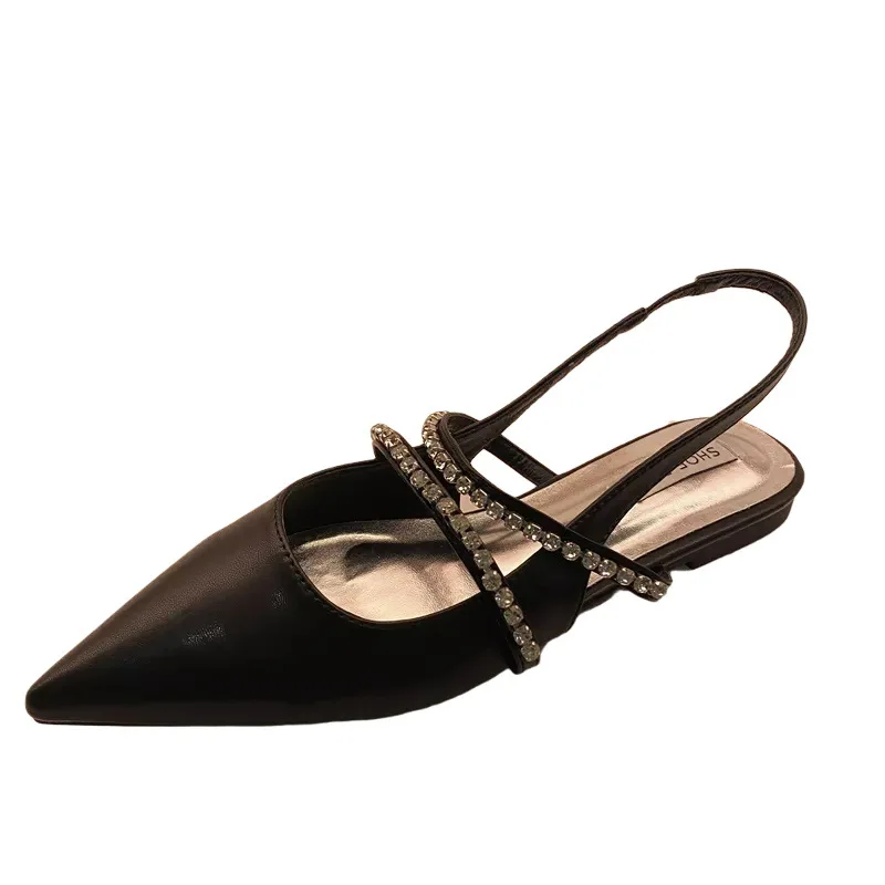 Fashion Pointed Sandals 2023 Summer Women's New French Flat Shoes Single Shoe Baotou Rhinestone Women's Shoes