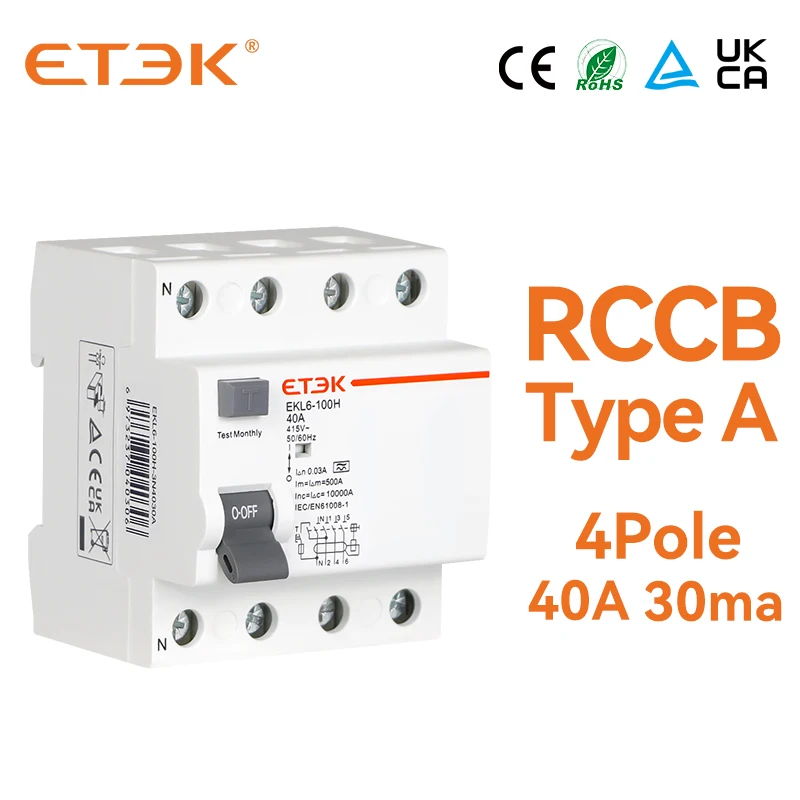 ETEK EKL6 30ma RCD RCCB 2-полюсный тип A 10KA 3P + N 4P 25A постоянный ток 230 В электромеханический