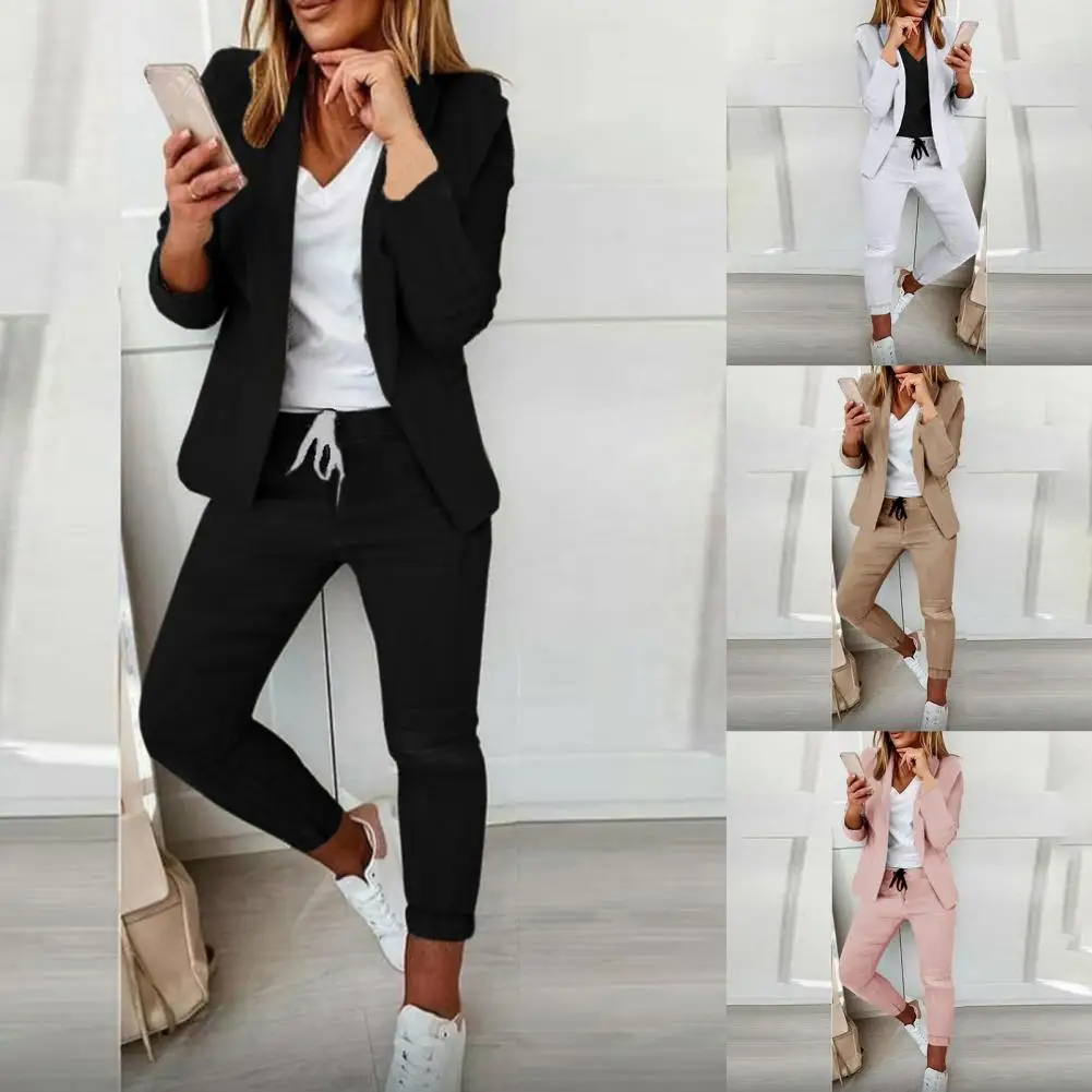 

1 Set Women Suit Set Outfit Formal Suit Set Turndown Collar Stylish Open Stitch Blazer Elastic Waist Trousers for Wedding