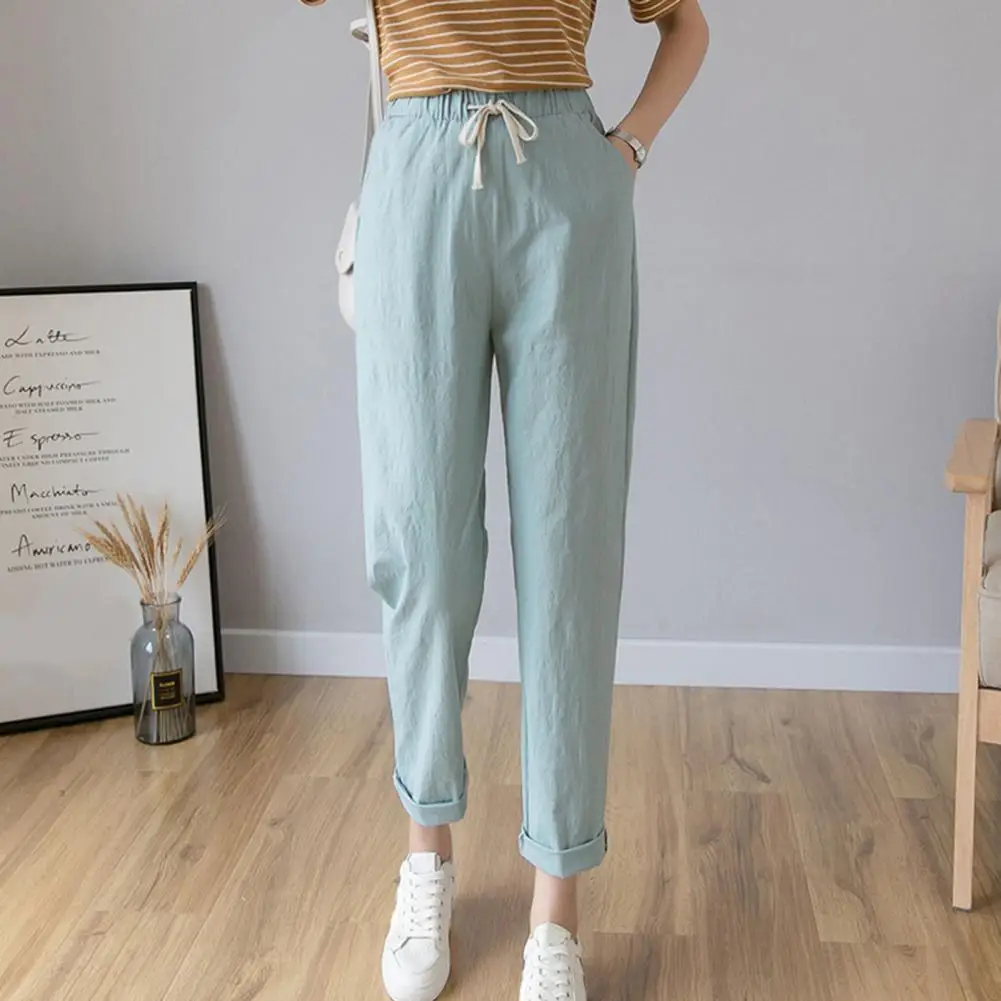 Solid Crop Pants Summer All-Match Elastic Waist Lady Drawstring Trousers Yoga Sweatpants with Pockets for Lady Women