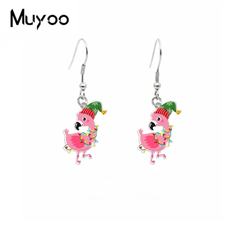 

2022 New Christmas Flamingo With Santa Hat Dangle Earring Bird Acrylic Fish Hook Earrings Cute Epoxy Jewelry Gifts