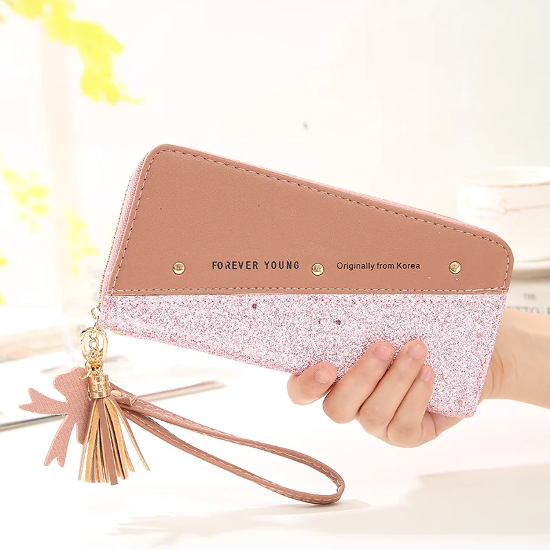 

New women's wallet zipper gold powder schoolgirl stitching contrast color tassel all-match rivet mobile phone bag