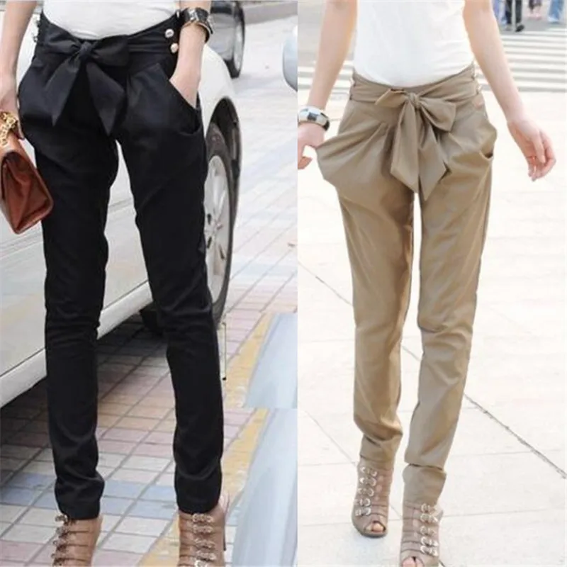 OIZEN Spring Summer Women Solid Ankle-lenght Casual Pants Bowknot Button Fashion Lady Slim Trousers