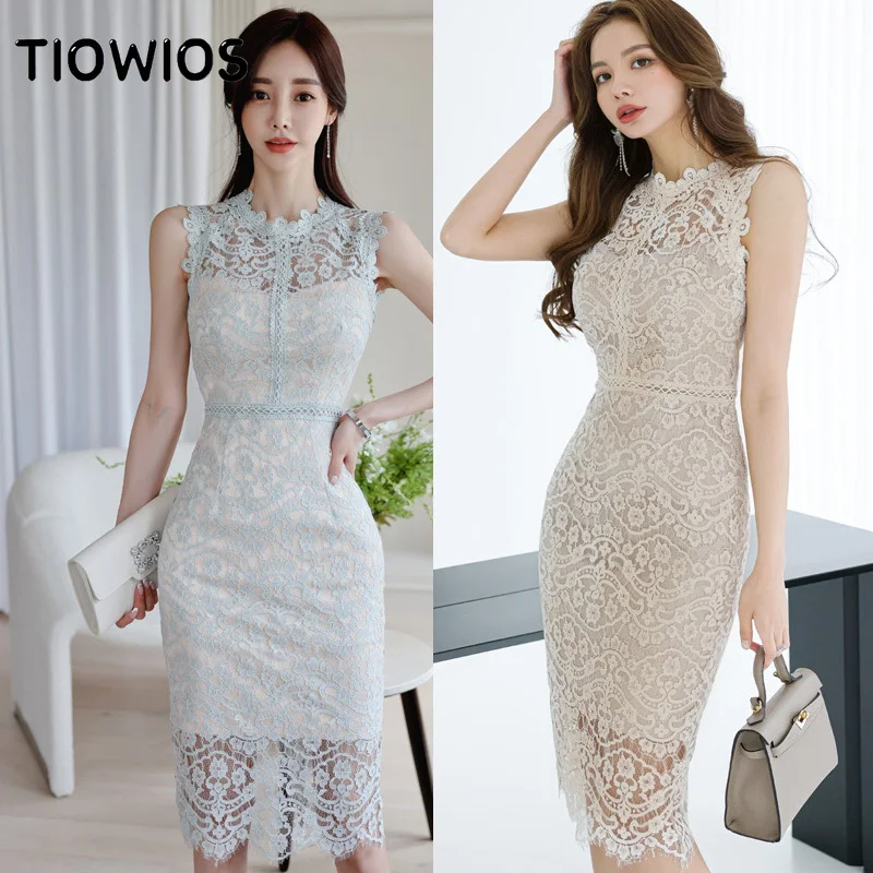 

TIOWIOS 2022 Summer Dress Korean Temperament Slim Long Splicing Lace Hip Fashion Dress Women