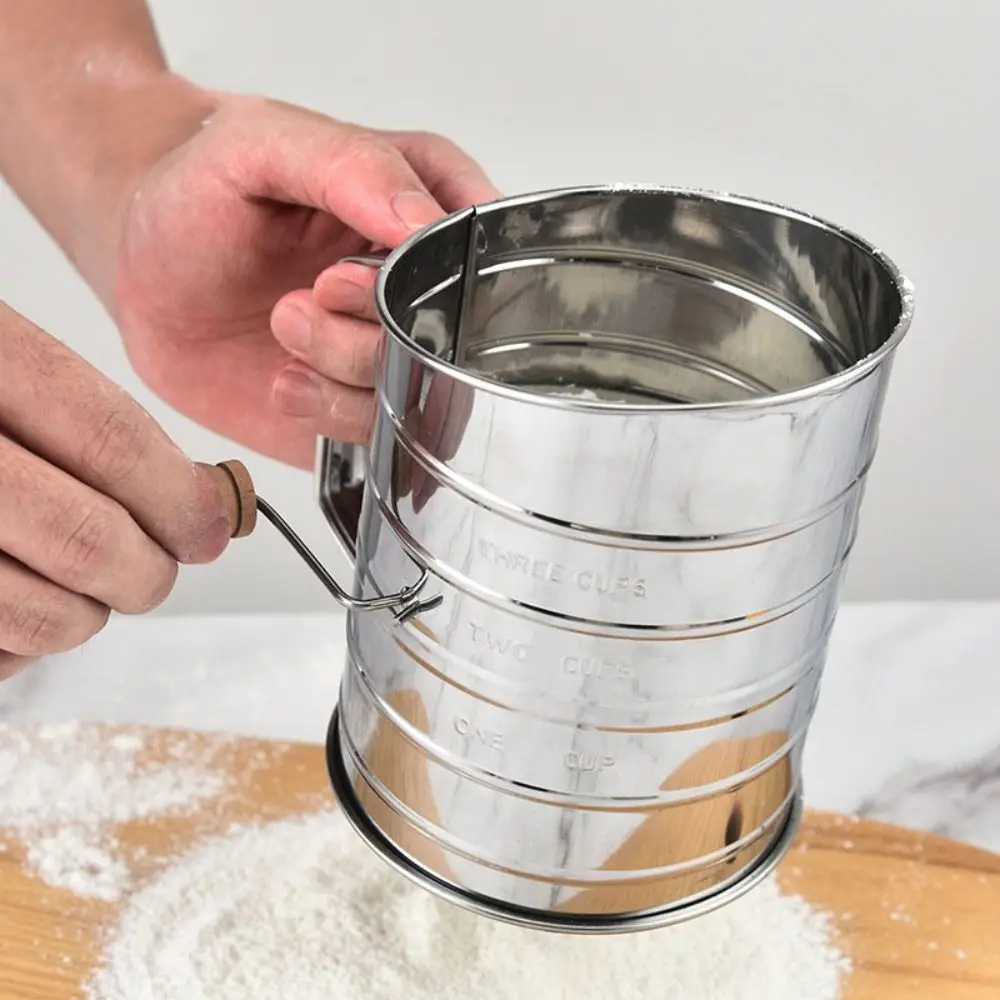 

with Scale 3 Cup Stainless Steel Flour Sifter Fine Mesh Rotary Hand Crank Flour Filter Cup Agitator Wire Loop Slanted Opening