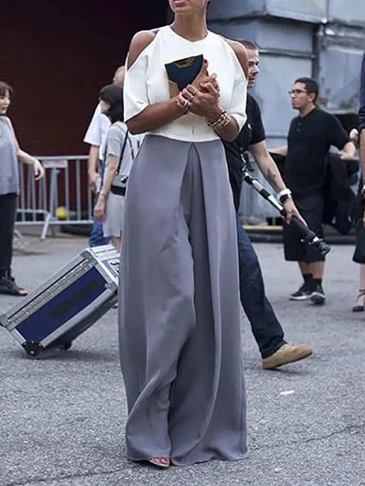 

Yeezzi Female Stylish Contrast Color Sexy Hollow Split-Joint Wide Leg Jumpsuits Summer Cold Shoulder Vacation Outfit For Women