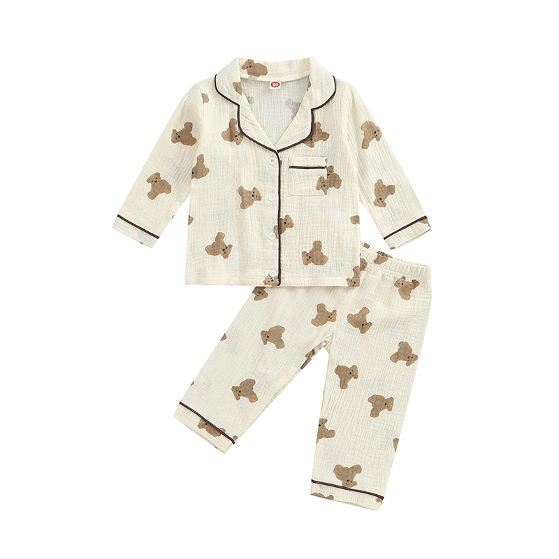

Bmnmsl Kids Unisex Casual Pajama Suit, Bear Printed Long Sleeve Front Pocket Lapel Tops+Printed Long Pants
