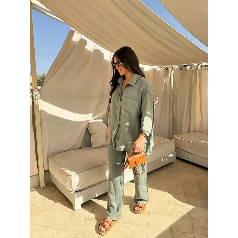 Elegant Green Pocket Buttons Shirt Sets For Women Solid Long Sleeve Tops Wide Leg Pant Suits 2024 New Female High Street Outfits