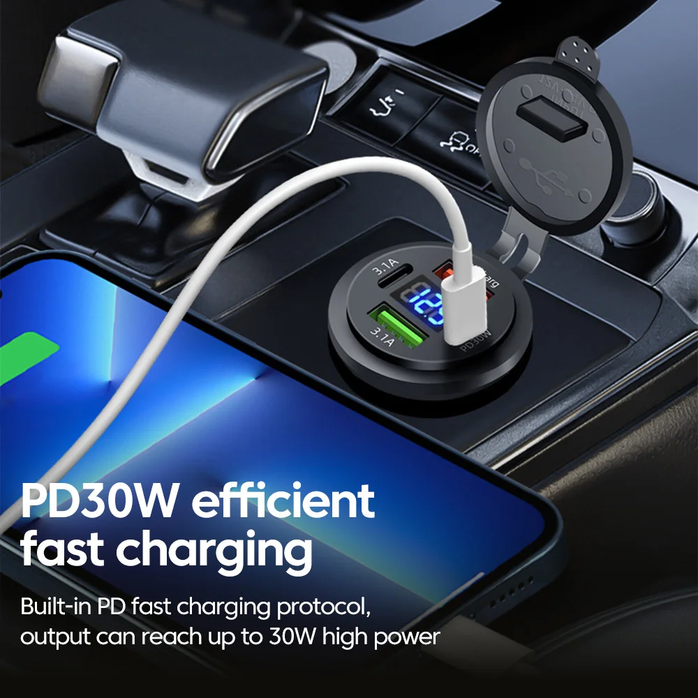 Фото 4 в 1 PD30W Автомобильное зарядное устройство с цифровым дисплеем USB Type C Зарядное устройство Адаптер прикуривателя для 12 В/24 В/автомобиля/мотоцикла №2