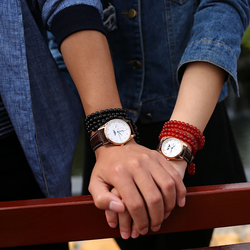 BERNY Moon Phase Couple Watch Gold MIYOTA Japan Quartz Wristwatch Day Date Genuine Leather Fashion Men Watch Calendar Waterproof