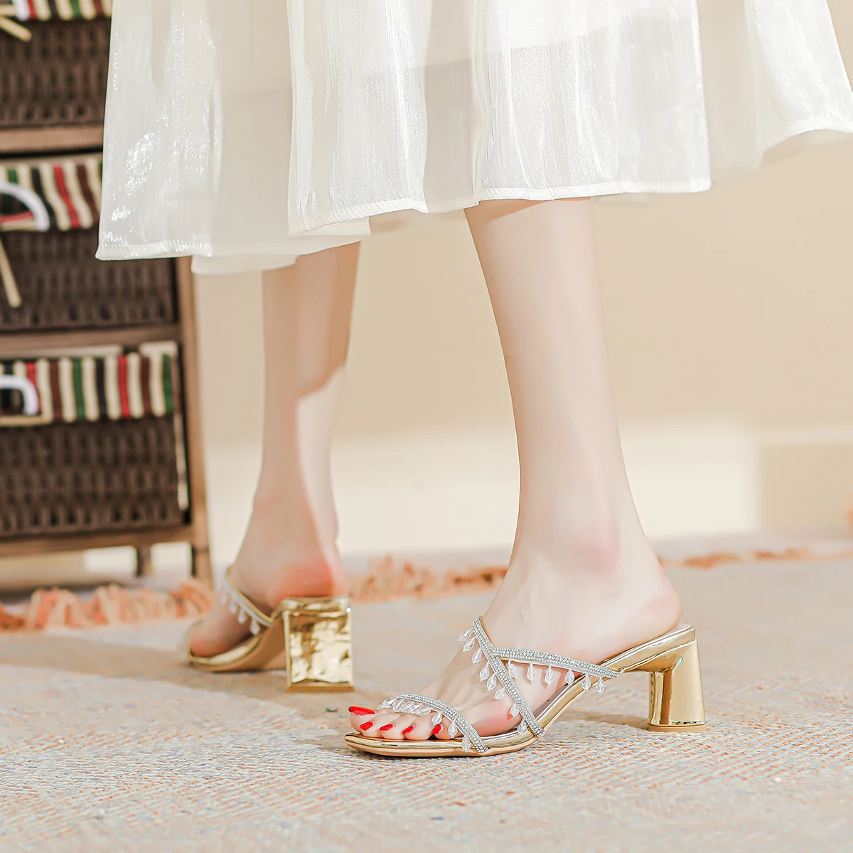 Xibeilove 2023 Summer Women Luxury Square Head Rhinestone Pendant Middle Heel Slippers Gold Silver Banquet Wedding Bridal Shoe