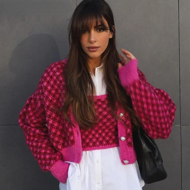 

Autumn Spring Women's Plaid Single Breasted Knitted Cardigan Women's Vintage Puffy Long Sleeve O-Neck Women's Chic Tunic Vest