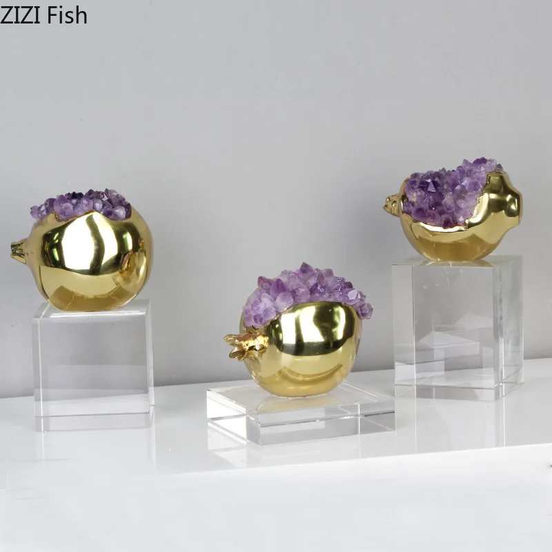 

Purple Crystal Pomegranate Ornaments Desk Decoration Modern Decor Golden Brass Pomegranate Sculpture Living Room Furnishings