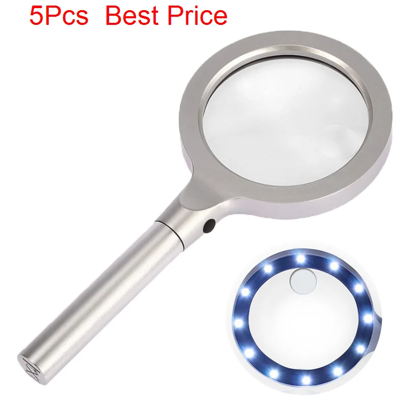 

5Pcs/lot 85mm Large Mirror 12 Led Lights With Levels Of Brightness 5 Times And 10 Times Metal Handheld Hd Magnifying Glass