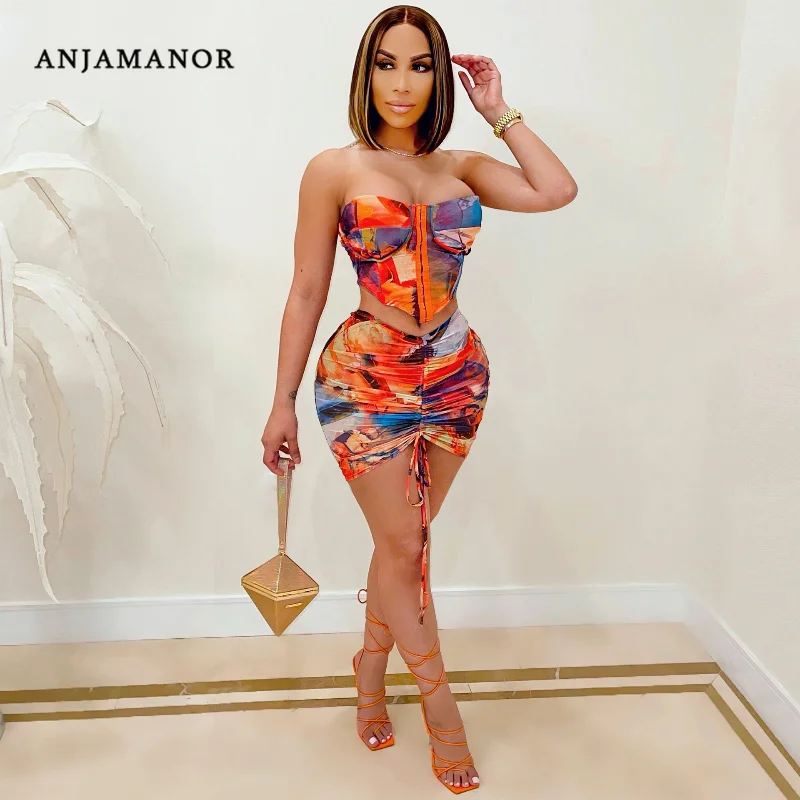 

ANJAMANOR Sexy Two Piece Set Drawstring Ruched Mini Skirts Cropped Corset Top Night Club Party Outfits Mesh Dress Sets D42-CH15